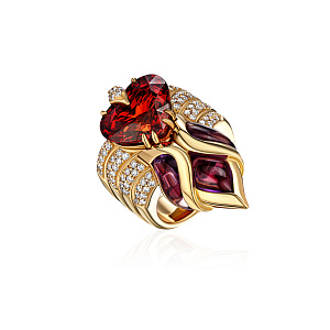 купить Золотое кольцо с природными бриллиантами, гранатом и аметистами в Москве