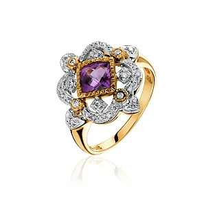 купить Золотое кольцо с бриллиантами и аметистом в Москве