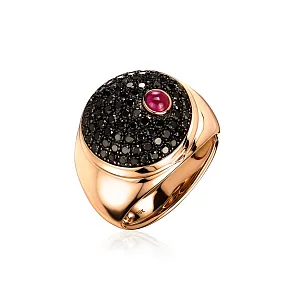 купить Золотое кольцо с рубином и черными бриллиантами в Москве