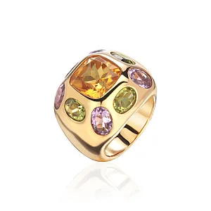 купить Золотое кольцо с цитрином, аметистами и хризолитом в Москве