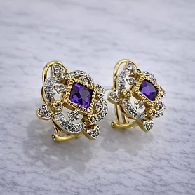 купить Золотые серьги с бриллиантами и аметистами в Москве