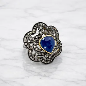 купить Золотое кольцо с бриллиантами и сапфиром 1,50 карат в Москве